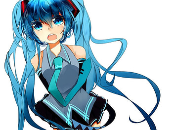 Hatsune Miku, sweet, skirt, blue eyes, cute, blue hair, girl, vocaloid, long hair, miku hatsune, music, big breasts, open mouth HD wallpaper