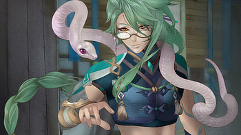 Green Hair Baizhu With Pink Snake Genshin Impact HD wallpaper