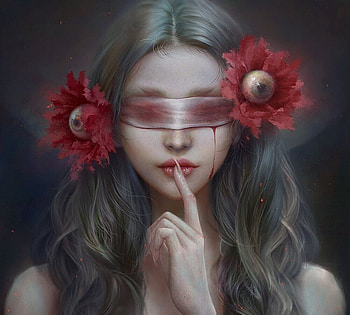 Shhh!, frumusete, gorgeous, eyes, girl, user 23385, vampire, hand, superb, user23385, halloween, gigi, fantasy, flower, red, face, blind HD wallpaper
