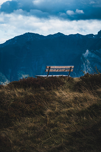 Landscape, Nature, Grass, Mountain, View, Bench HD phone wallpaper