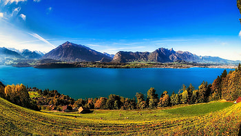Lake Thun- Swiss, trees, mountains, switzerland, lake HD wallpaper