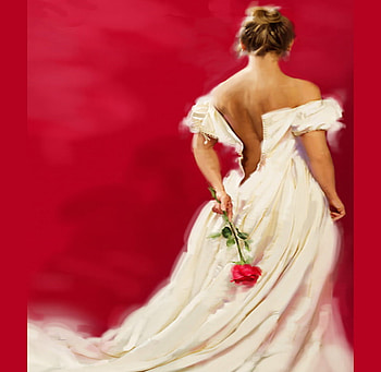 A rose for a lady, rose, lady, white, white dress, red, red rose, red background, beauty HD wallpaper