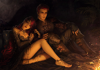 Eura and Feirdon, man, ina wong, girl, orange, dark, eura, feirdon, fantasy, couple, luminos HD wallpaper