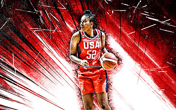 Ariel Atkins, grunge art, USA Basketball Womens National Team, red abstract rays, basketball, US womens national basketball team, Ariel Atkins HD wallpaper