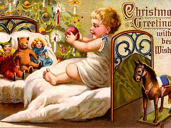 Christmas Greetings, artwork, bears, bed, toys, painting, vintage, child HD wallpaper