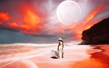Summerness, umbrella, sand, dress, beach, lady, waves, moon, amazing, water, ocean, white, art, girl, beautiful, orange, summer, red, sky, clear HD wallpaper