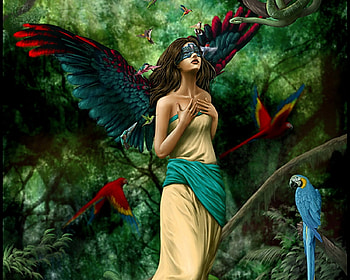 Winged Guardian, snake, wings, mask, artwork, parrots, fantasy, abstract, forest, female HD wallpaper