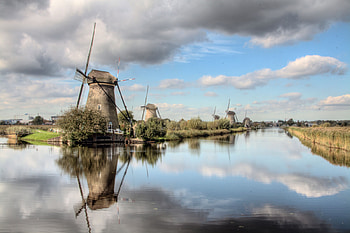 Windmill Waterway, river, windmill, scene, reflection, graph, water HD wallpaper