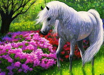 White Horse, artwork, painting, trees, meadow, flowers, park HD wallpaper