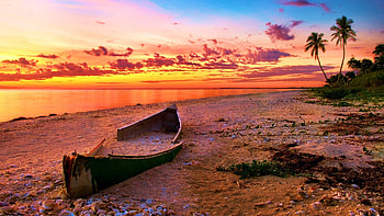 Exotic Beach at the Indian Ocean, sunset, wreck, boat, palm tree, clouds, landscape, sky HD wallpaper