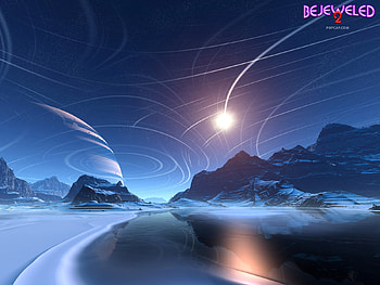 Bejeweled 2 - Tau Heximus, night, seaside, blue, sea, planet, snow, stars, water, mountains HD wallpaper