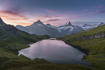 Mountains, nature, lake, green landscape, evening HD wallpaper