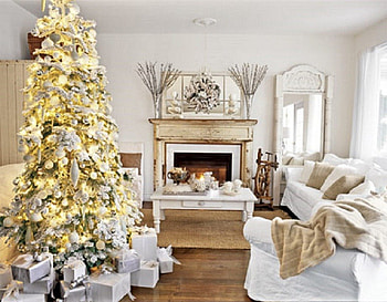 White Wonderland, white, Christmas tree, living room, fireplace, interior HD wallpaper