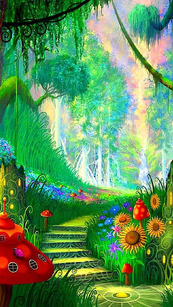 colorful, tree, mushroom, fantasy, forest HD phone wallpaper
