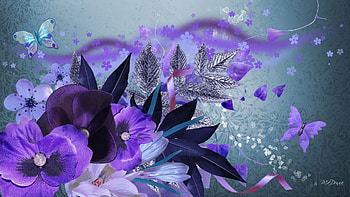 Touch of Midnight, blue, design, scatter, ribbon, papillon, dark, collage, purple, butterflies, leaves, flowers, fleurs HD wallpaper