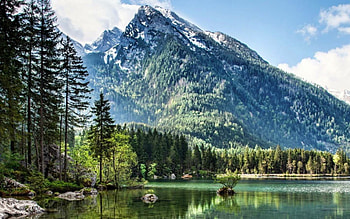 mountain peaks, trees, nature, mountains, lake HD wallpaper