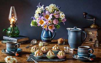 Still life, Lamp, Coff, Flowers, Cupcakes HD wallpaper