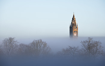 Steeple, architecture, fog, clock HD wallpaper