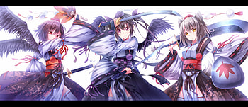 Touhou, himekaidou hatate, wings, sword, tail, inubashiri momiji, anime, animal ears, thighhighs, weapon, dabadhi, girls, shameimaru aya HD wallpaper