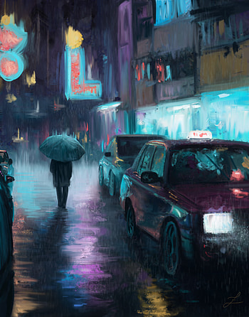 Auto, Art, Rain, Silhouette, Night City, Painting, Street HD phone wallpaper