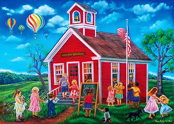 Time for School, trees, balloons, children, house, painting HD wallpaper