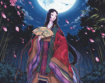 Kaguya Hime, night, kimono, yukata, cute, bamboo, oriental, long hair, beauty, lady, 3d, moon, cg, petals, fantasy girl, maiden, , hime, female, sexy, kaguya, gorgeous, hot, girl, beautiful, black hair, fan, anime girl, elegant, anime, princess, forest, realistic HD wallpaper