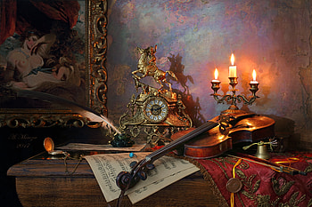Still life, , Violin, Candles, Watch, Notes HD wallpaper
