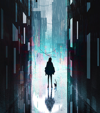 Silhouette, buildings, girl and cat, cityscape, artwork HD phone wallpaper