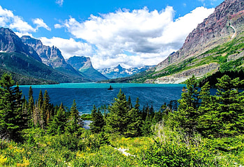 Mountain and blue lake, blue, snowy, peaks, slope, beautiful, grass, nice, mountain, lake, reflection, pretty, clouds, nature, sky, clear, lovely HD wallpaper