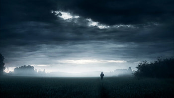 Hooded man running through field under grey sky, night, grey, person, dawn, light, field, clouds, hooded, sky HD wallpaper