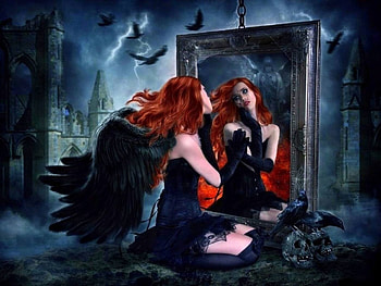 Mirror of Fate, mirror, gothic, weird things people wear, digital art, dark, creative pre-made, love four seasons, halloween, fantasy, manipulation, girls, models HD wallpaper
