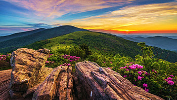 An epic view from Tennessee's Appalachian Trail, rocks, mountains, forest, sunset, hills, landscape, colors, usa, blossoms, trees, clouds, sky HD wallpaper