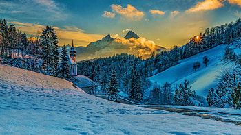 Church in the Bavarian Alps, winter, snow, germany, clors, landscape, trees, sky, sunset HD wallpaper