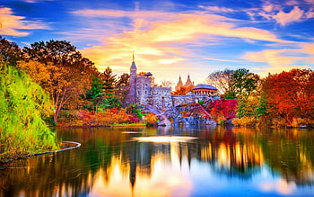 Belvedere Castle, New York, autumn, trees, water, lake, reflections, park, sunset HD wallpaper