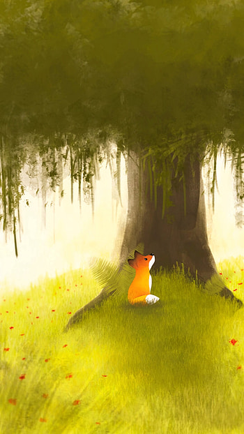Flowers, Grass, Art, Fox, Wood, Tree HD phone wallpaper