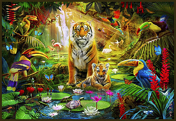 Tigers and Toukans, jungle, pond, artwork, painting, trees, waterlilies HD wallpaper