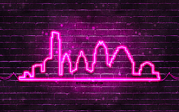 Austin purple neon silhouette, , purple neon lights, Austin skyline silhouette, purple brickwall, american cities, neon skyline silhouettes, USA, Austin silhouette, Austin HD wallpaper