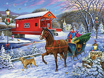 Christmas Tree Delivery, artwork, dog, winter, horse, painting, snow, bridge, cart HD wallpaper