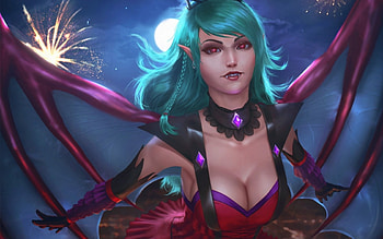 Evelyn, night, blue, wings, art, bat, girl, vampire, woman, pink, moon, fantasy, red HD wallpaper