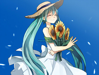 Happy Birtay Miku!, blue, awesome, cute, vocaloid, dress, beauty, nice, miku, girl virtual, vocaloids, sunflowers, petals, hatsune, happy, hat, white, hatsune miku, smile, twintail, blue hair, aqua, beautiful, diva, anime, pretty, cool, sky, flowers, idol HD wallpaper