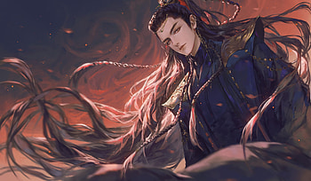 Fantasy man, wind, frumusete, fantasy, asian, man, red, longcolor HD wallpaper