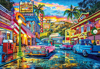 Old Hollywood, colors, houses, city, cars, painting HD wallpaper