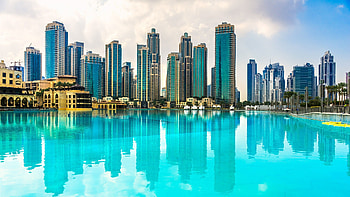 The Dubai Fountain, Dubai Skyline HD wallpaper