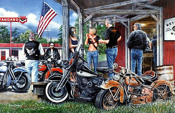 Rust in Peace, artwork, bikes, painting, flag, people HD wallpaper