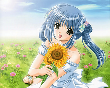 SunFlower, njce, cute, floral, long hair, dress, beauty, flower, twintails, happy, female, sweet, smile, blue hair, girl, beautiful, kawaii, anime girl, anime, pretty, field, lovely HD wallpaper