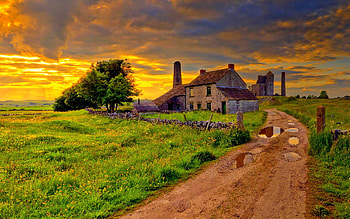 Building, Landscape, Architecture, Sunset, Field, Scenic, , Cloud, Hosue, Road, Sky HD wallpaper