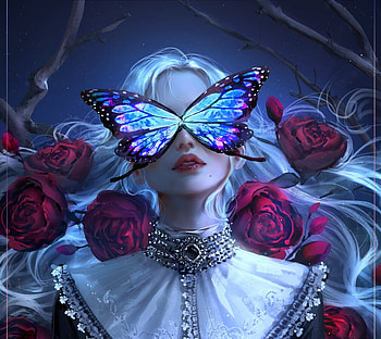 Blu e, frumusete, art, fluture, nixeu, rose, butterfly, fantasy, red, flower, luminos HD wallpaper