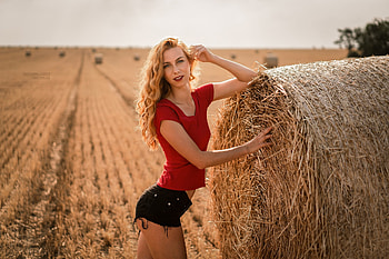 Beauty, field, yellow, red, hay, countryside, cowgirl, model, blonde, girl, woman, rural HD wallpaper