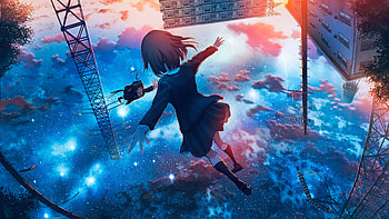 Anime Two Girl fall Jumping Through Sky, anime-girl, anime, sky, jump, clouds, cloud, building, artist, artwork, art, digital-art, ai, pixiv HD wallpaper