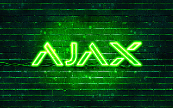 Ajax Systems green logo, , green brickwall, Ajax Systems logo, brands, purple abstract backgrounds, Ajax Systems neon logo, Ajax Systems HD wallpaper
